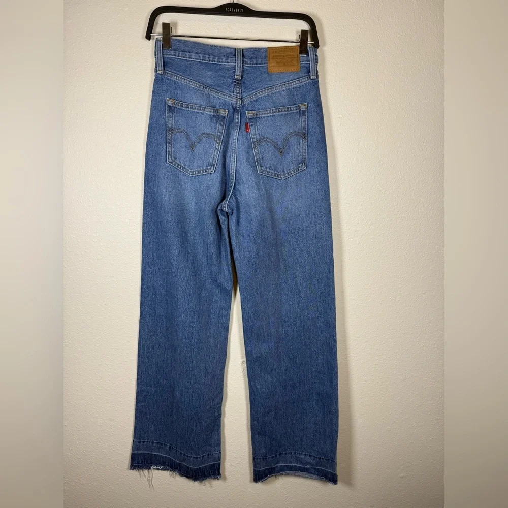 Levi's Ribcage Medium Wash Wide-Leg Raw Hem Denim Jeans - Picture 11 of 14